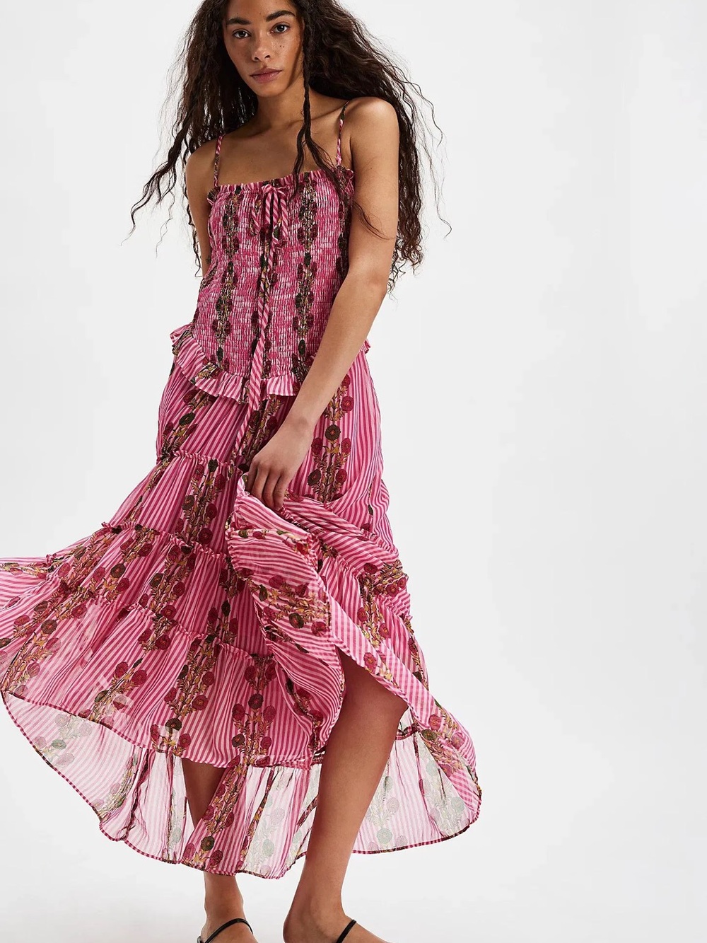 NWT Free People Alejandra Midi Dress Hot Pink Floral Stripe Smocked Tiered Boho